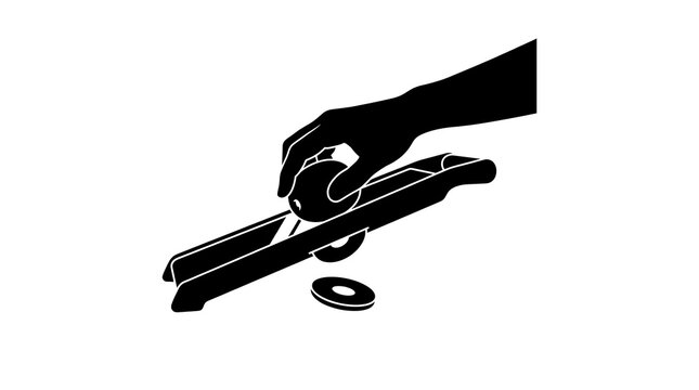 Person using a mandoline slicer to cut fruit silhouette