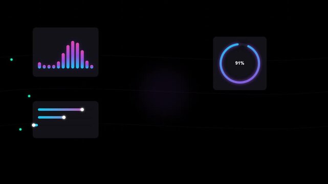 Abstract data visualization with pulsing circular graphs and bar charts on dark background