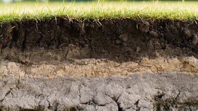Soil layers reveal different textures and colors below grass in a field during daylight