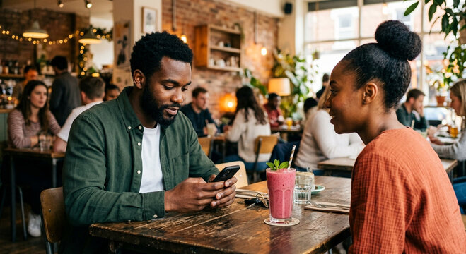 Young African American Couple in Busy Cafe with Man Using Smartphone During Date