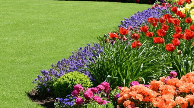 Colorful flowers bloom in a well kept garden with green grass in springtime