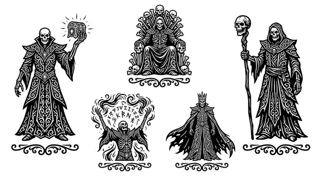 Gothic undead lich skeleton mage with staff and dark magic spell effects in vector icon set