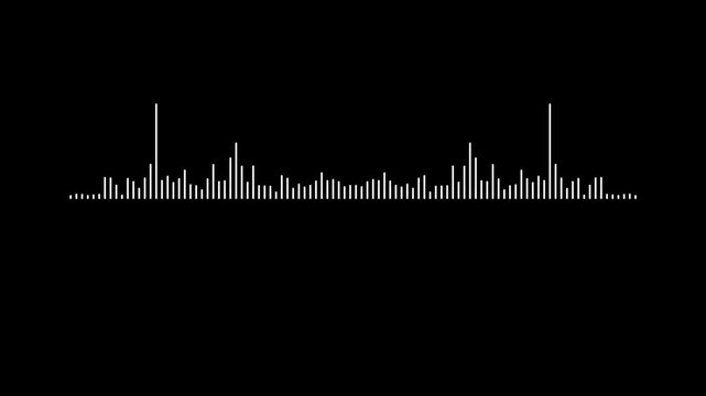 White sound wave spectrum on black screen background, podcast audio frequency signal meter, neon music equalizer rhythm bars overlay effect.clean digital equalizer.4k animison