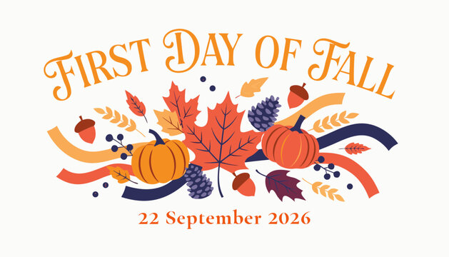 First day of fall autumn seasonal greeting card isolated on white background