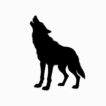 Howling wolf silhouette vector, black wild animal profile on white background, coyote or timber wolf howling at the moon icon
