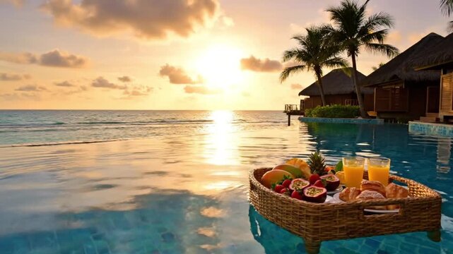 Luxury Floating Breakfast Tray With Tropical Fruits And Juice In Infinity Swimming Pool At Sunrise Beach Resort Resort Maldives