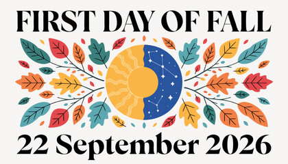 Naklejka premium First day of fall 22 september 2026 greeting card design