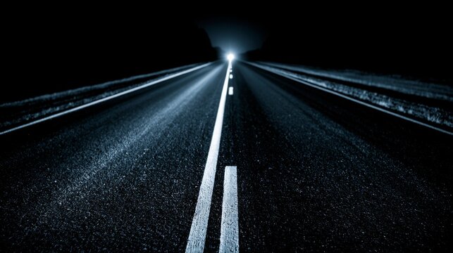 Dark Road at Night with Distant Headlight Illuminating the Asphalt, Creating a Mysterious and Serene Atmosphere