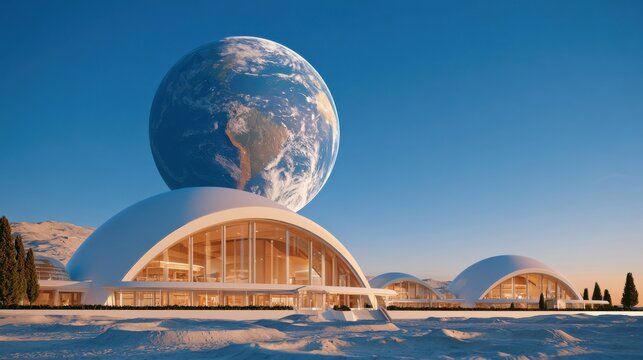 Futuristic lunar base with glowing domes under massive Earth in blue sky
