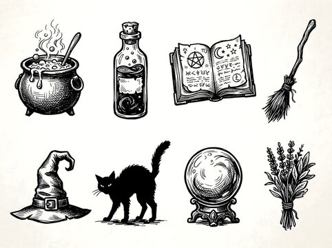 Set of Halloween witchcraft icons with cauldron, potion, broom, and symbols