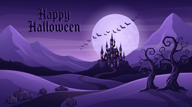 Happy halloween castle under a full moon