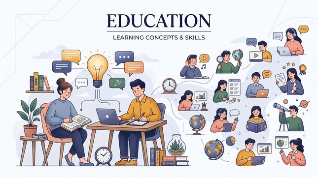 Education concept illustration with students studying and learning online with technology