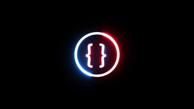 Neon glowing curly braces symbol pulsates with rhythmic red and blue light on dark screen.