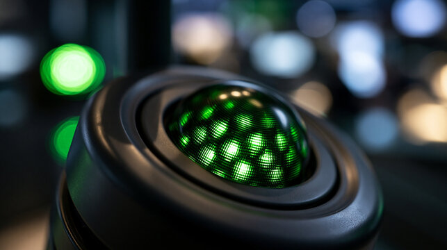 Makroaufnahme einer Kameralinse mit gr&uuml;nem Punktmuster und Bokeh