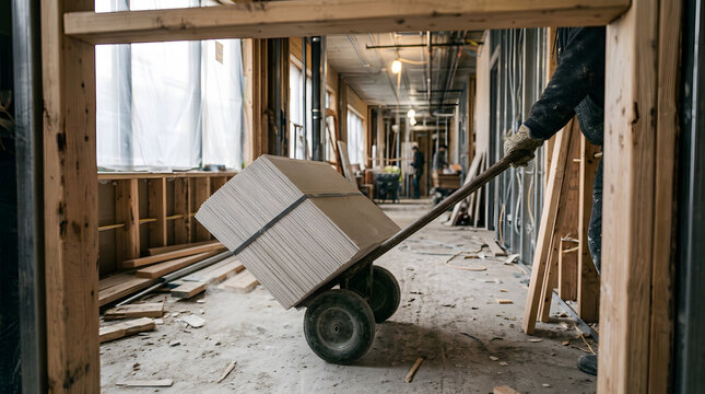 Construction Worker Transporting Stack of Drywall Sheets on Hand Truck Cart | Moving Plasterboard Sheets with Heavy-Duty Cart in Building Corridor | Worker Hauling Wallboards on Two-Wheel Cart inside 