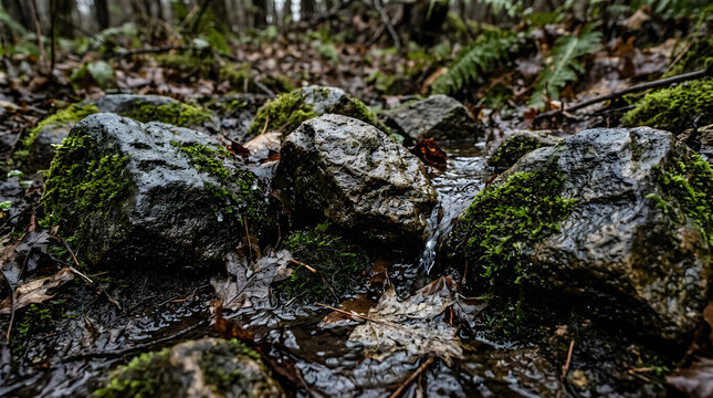 Clear cold stream flowing gently over moss covered rocks in lush forest