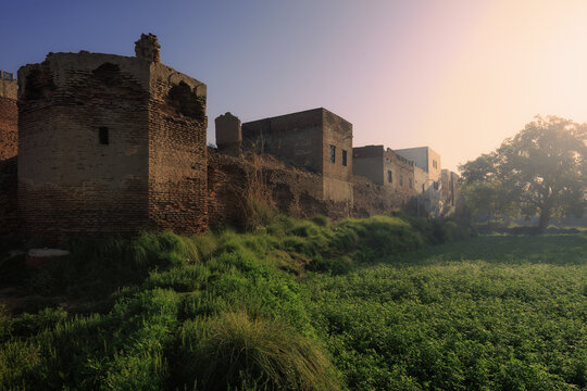 View of the historic Serai Chhimba remains with weathered brick walls and towers rising above a lush green field under soft morning light in Chhimba, Punjab, Pakistan.