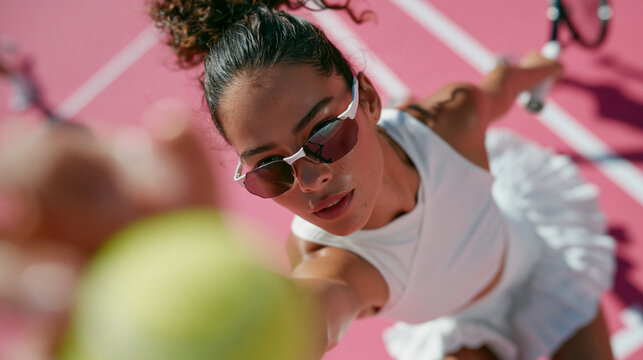 Dynamic cinematic editorial image of a female tennis player from a dramatic high angle perspective, reaching upward toward the camera on a vibrant pink tennis court with crisp whit
