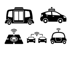 Fototapeta premium Set of black silhouette depicting autonomous vehicles, self-driving cars, wireless connectivity, and smart transportation technology