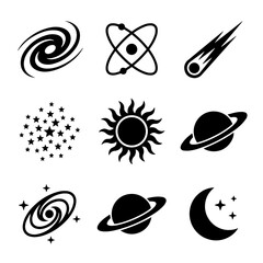Set of nine black space and astronomy featuring galaxies, planets with rings, stars, sun, and comets isolated on a white background © mia