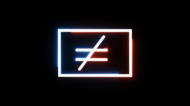Neon unequal symbol glowing with changing colors in rectangular frame on black background.