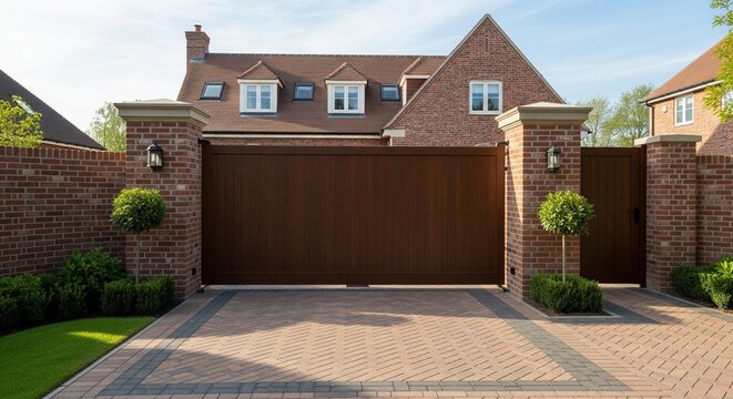 Closed wooden automated sliding gate at the entrance of a luxury classic brick house.