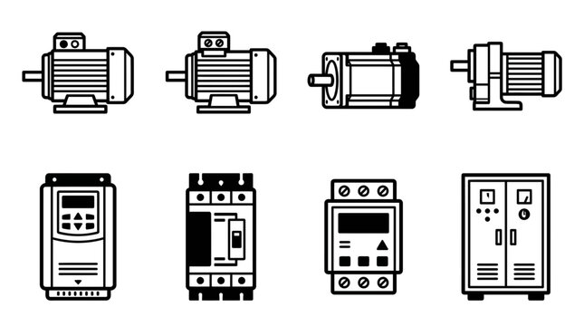 Industrial motor icon set featuring electric motors, induction motors, motor drives, controllers and industrial motor equipment for engineering and manufacturing applications.