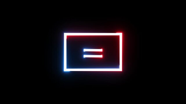 Neon glowing equal sign icon flickering with digital chromatic aberration on black space.