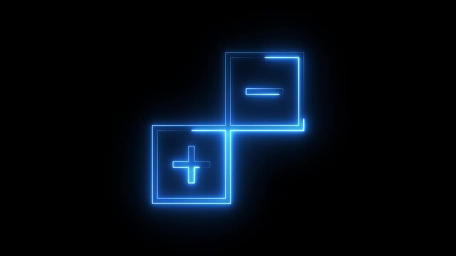 Neon blue plus and minus math symbols glowing in dark space motion graphics background clip.