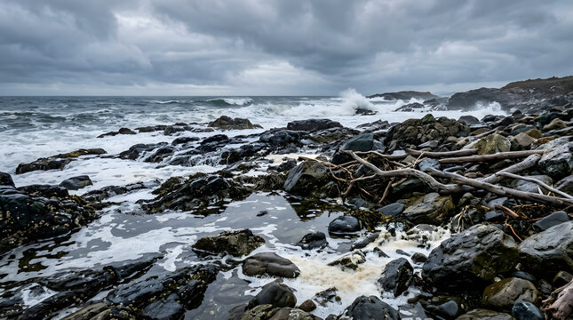 Rugged rocky ocean coastline with crashing waves under stormy clouds, coastline