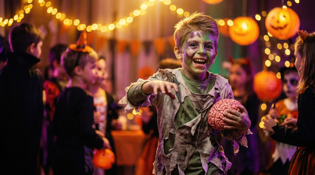 Happy boy in a zombie costume holding a brain at a colorful Halloween party, surrounded by children, pumpkins, spooky decorations, and glowing string lights.