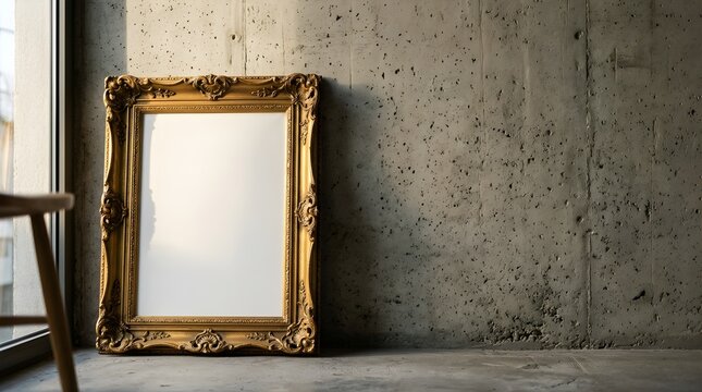 Empty gold picture frame leaning against a rustic concrete wall indoors
