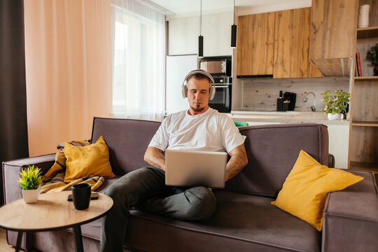 Man use laptop for remote work from home