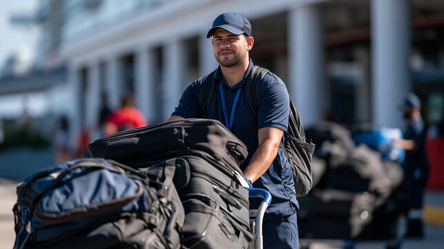Porters loading stacks of passenger luggage onto a cart near the cruise ship boarding area, terminal building with columns in the background, bright afternoon light, copy space