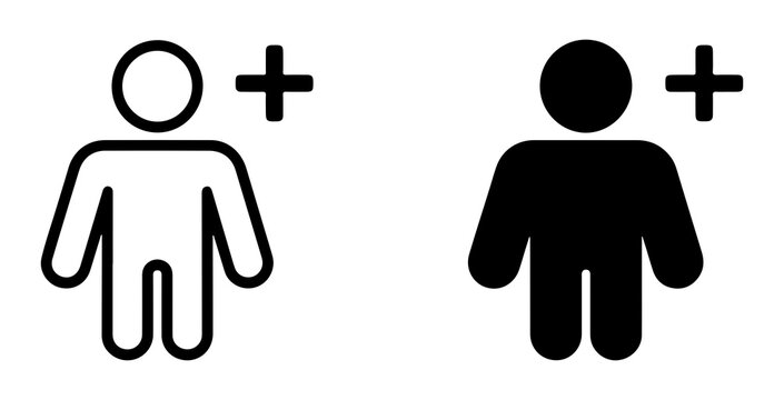 People add member icons set with outline and solid silhouettes featuring plus symbol for user interface design tasks.