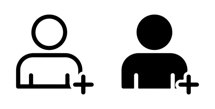 Person silhouette icons with add plus symbol for user registration and management in digital software designs.