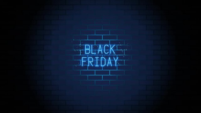 Black Friday glowing blue neon sign flickering on dark brick wall background animation.