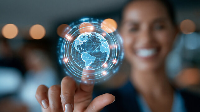 Close-up portrait of a smiling businesswoman balancing a tiny globe icon on her fingertip, representing global business connections, softly blurred office interior, sharp focus on