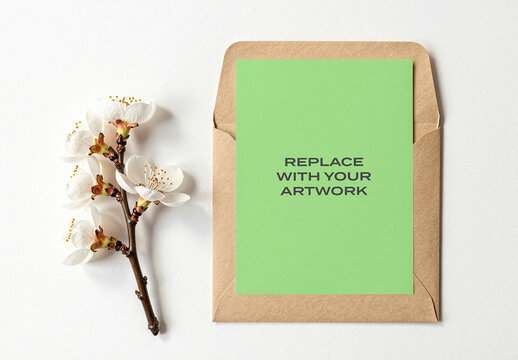 Greeting card mockup in a brown paper envelope on white surface with branch of blossoms, stationery branding presentation, print design template, flat lay, minimalist, clean, interior
