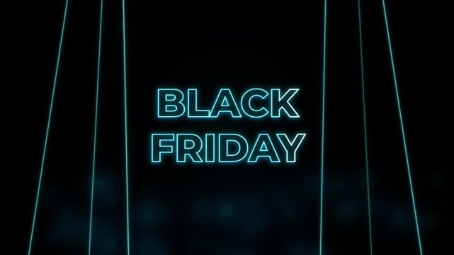 Black Friday glowing cyan neon text animation with vertical light lines and soft bokeh on dark background.