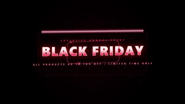 Black Friday exclusive annual event 70 percent off sale animation with glowing red 3D text and scanning laser light on dark background.