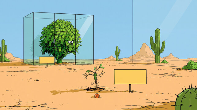 Comic zeigt Baum im VIP-Glaskasten neben kargem Baum in Economy-W&uuml;ste