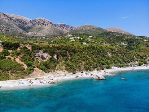 Albanian Riviera view in summer. Borsh beach in Vlore County, Albania. Drone point of view.