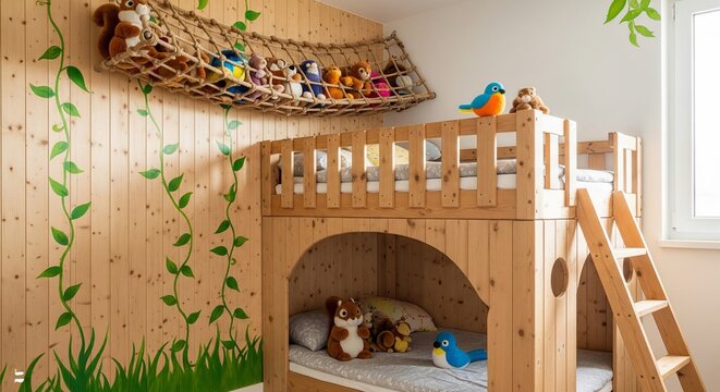 Wooden Loft Bed with Toy Net and Vine Wall Decor