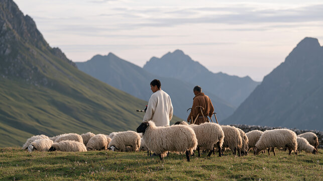 An overcast sky stretches over a hillside where a diverse team of sheep herders and archaeology students map ancient Silk Road trade route waypoints beside a grazing flock, survey