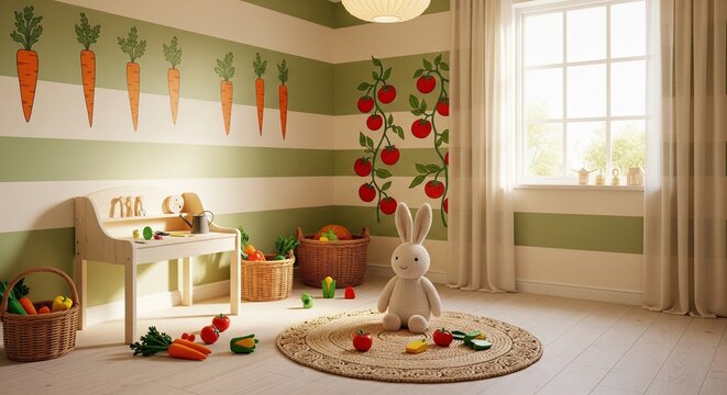Bright green kids room with tomato plant and carrot wall paint decals