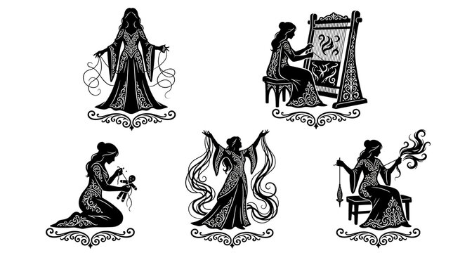 Black and white vector fantasy witch icons casting spells and weaving dark magic curses