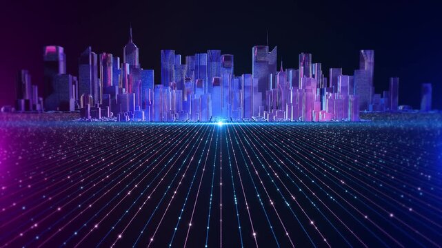 Neon skyline stands magenta network grid with flowing digital points. smart city, data visualization, AI infrastructure, spatial digital transformation, connected mobility future urban 19.