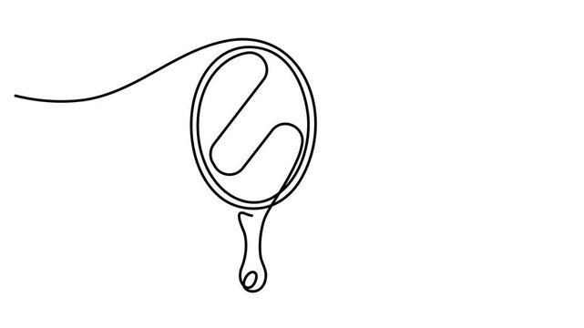 Animated Hand mirror in continuous one line drawing style minimalist black and white illustration, Mirror continuous one line drawing animation, self drawing a tabletop makeup mirror. 4k video