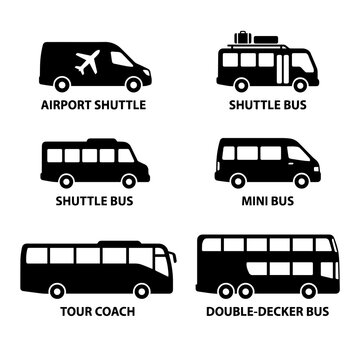 Set of black silhouette showing various passenger vehicles including airport shuttles, mini buses, tour coaches, and double decker buses